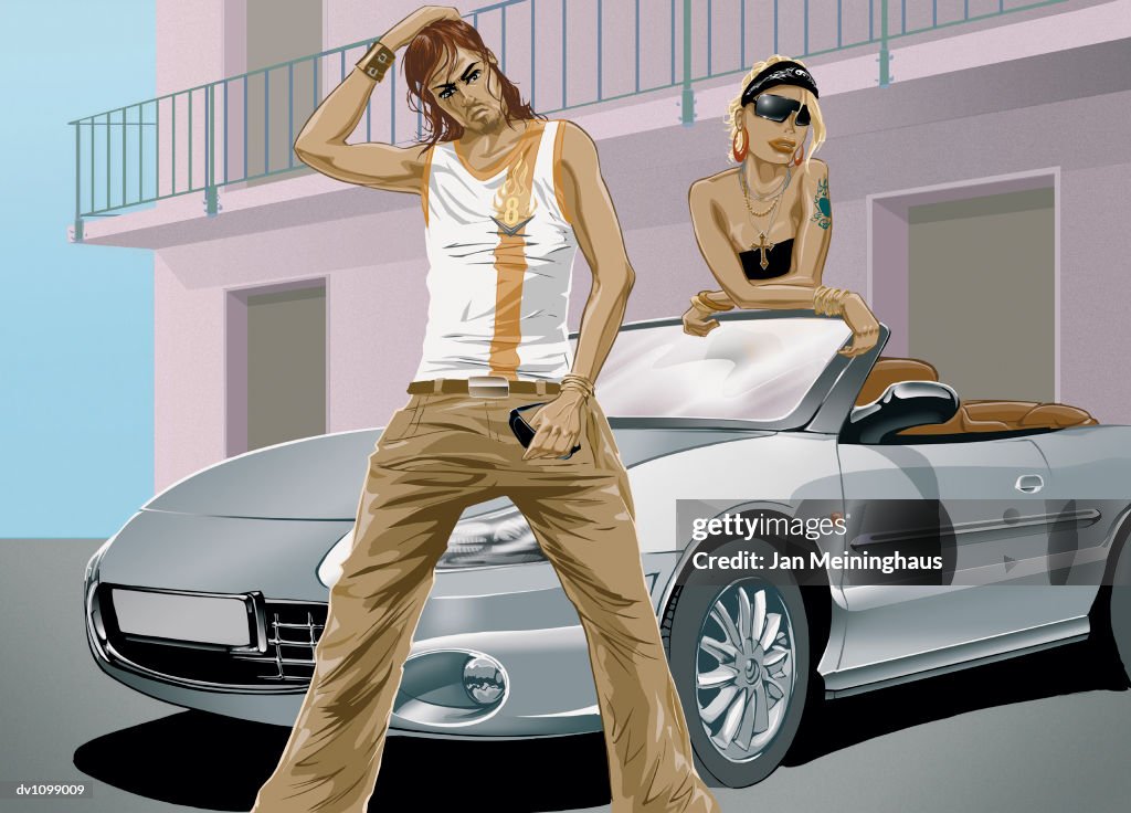 Portrait of a Stylish Young Couple and a Convertible Sportrs Car