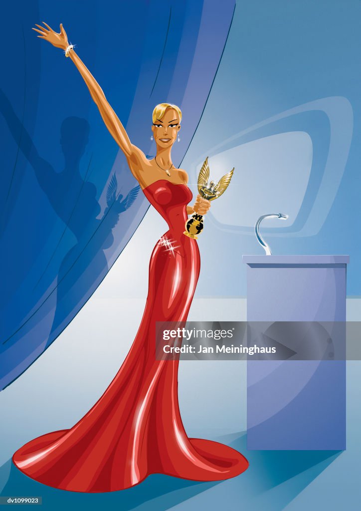 Portrait of a Glamorous Actress Wearing a Red Dress Holding An Award