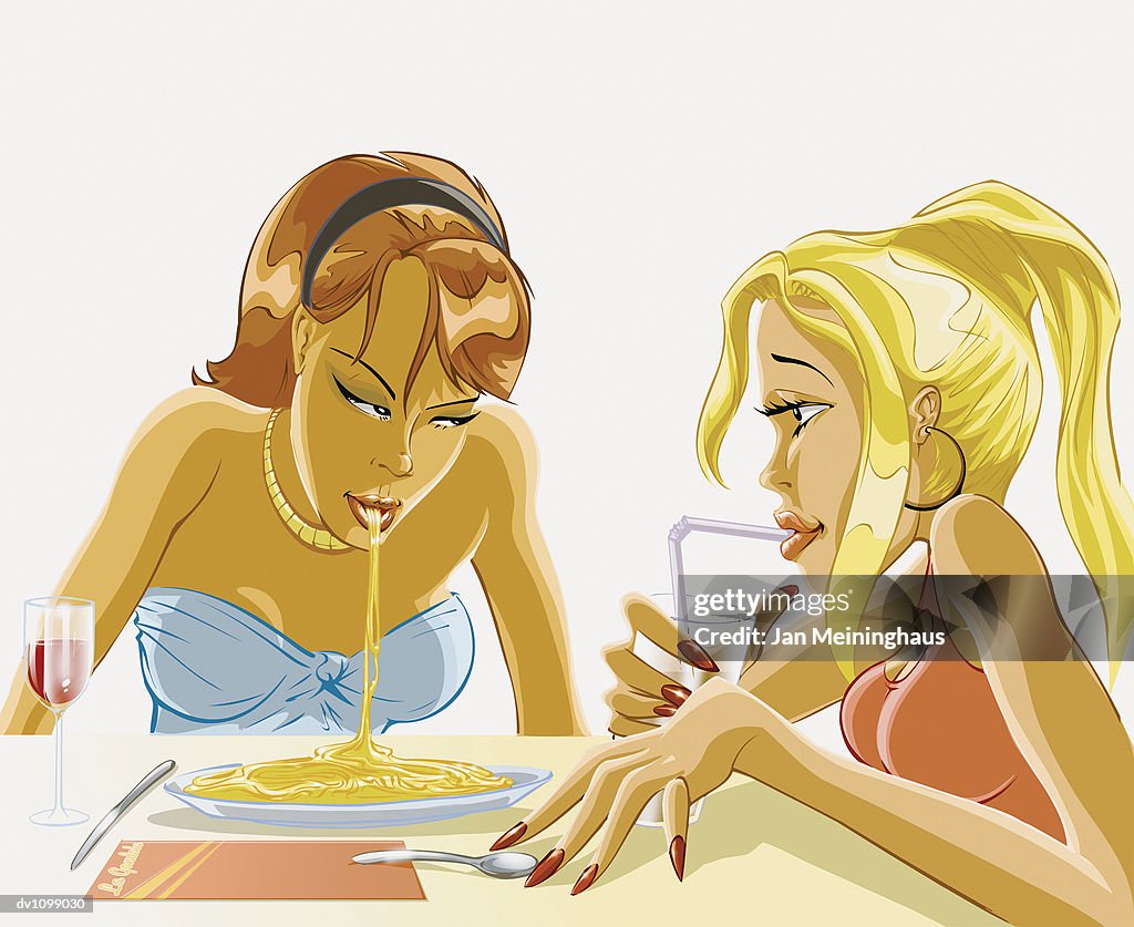 Portrait of Two Young Women Sitting at a Restaurant Table Eating Spaghetti and Drinking a Drink