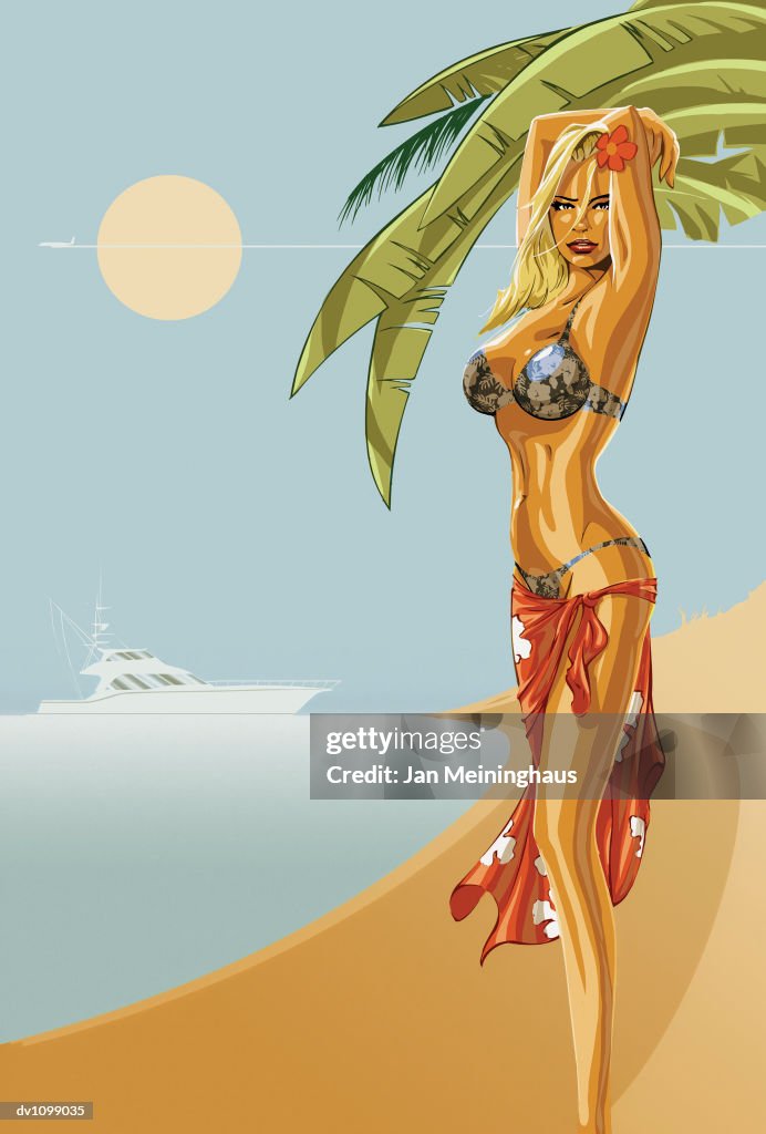 Portrait of a Young Woman Wearing a Sarong and a Bikini Standing on a Tropical Beach