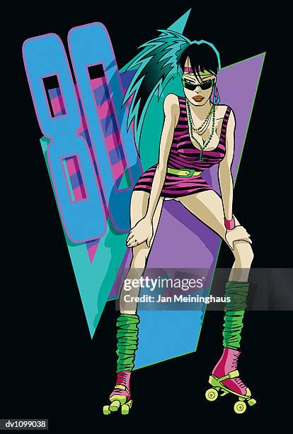 portrait of a young woman in roller skates wearing 1980s fashions - 1980s hair band stock illustrations