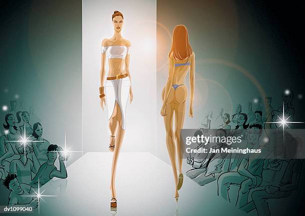 illustrations, cliparts, dessins animés et icônes de two female models walking on the catwalk - podium de défilé