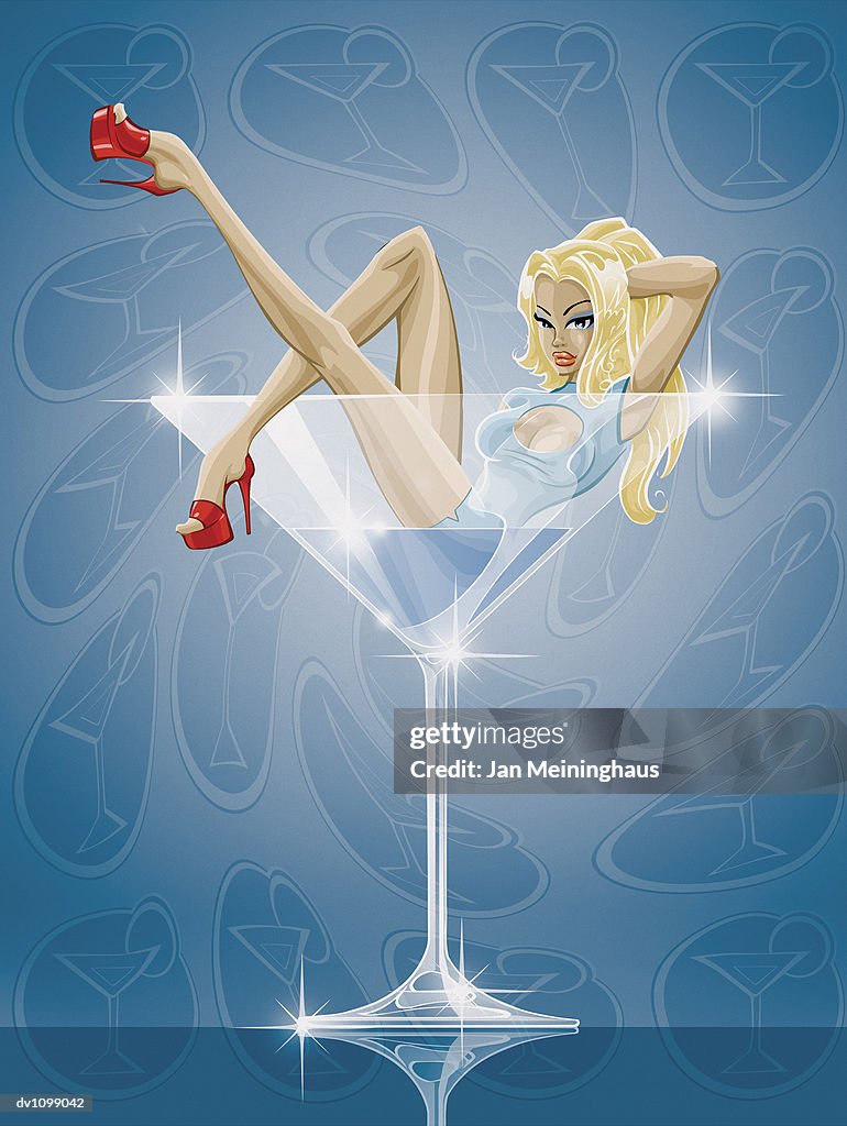 Portrait of a Glamourous Young Woman Lying in a Champagne Glass