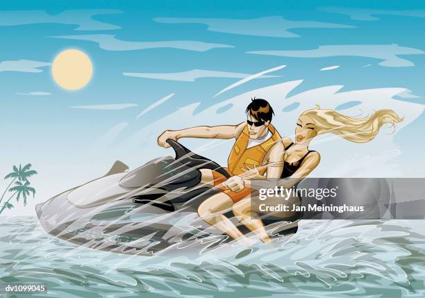 couple on vacationriding a jet ski on the sea - pärchen genießt urlaub sonnenbrille stock-grafiken, -clipart, -cartoons und -symbole