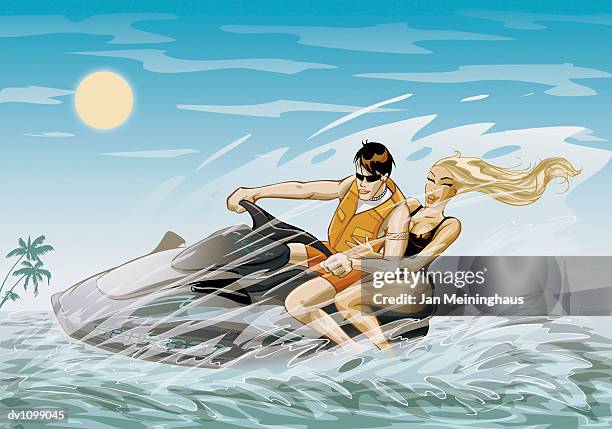 couple on vacationriding a jet ski on the sea - jet ski点のイラスト素材／クリップアート素材／マンガ素材／アイコン素材