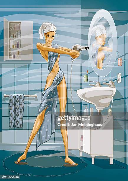 stockillustraties, clipart, cartoons en iconen met young woman wrapped in a towel holding her hairdryer like a gun in the bathroom - mirror steam