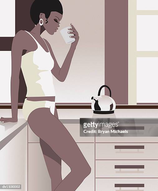 young woman in lingerie holding a drink in her kitchen - updo stock illustrations