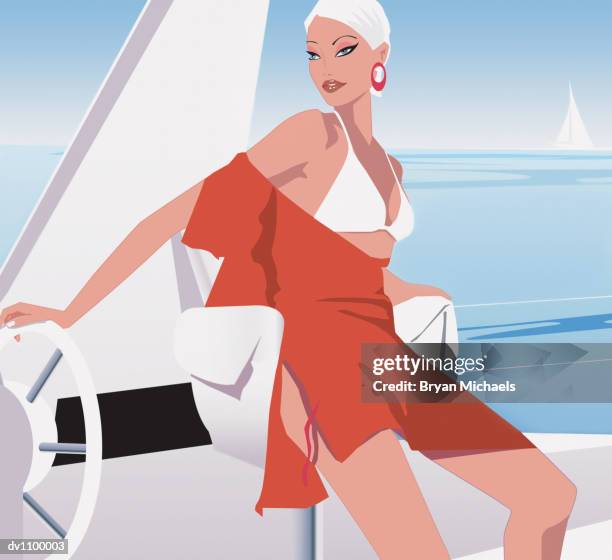 stockillustraties, clipart, cartoons en iconen met portrait of a young woman at the helm of a yacht - michaels