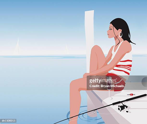 contemplative young woman sitting at a pier with a fishing rod and a glass of red wine - angel brinks stock-grafiken, -clipart, -cartoons und -symbole