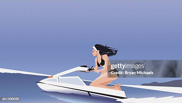 side view of a young woman in a bikini riding a jet ski - jet ski点のイラスト素材／クリップアート素材／マンガ素材／アイコン素材