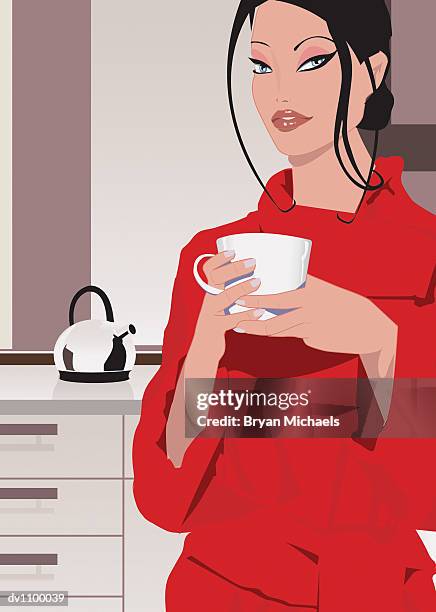 ilustraciones, imágenes clip art, dibujos animados e iconos de stock de portrait of a young woman holding a cup of coffee in her kitchen - chica-tomando-cafe