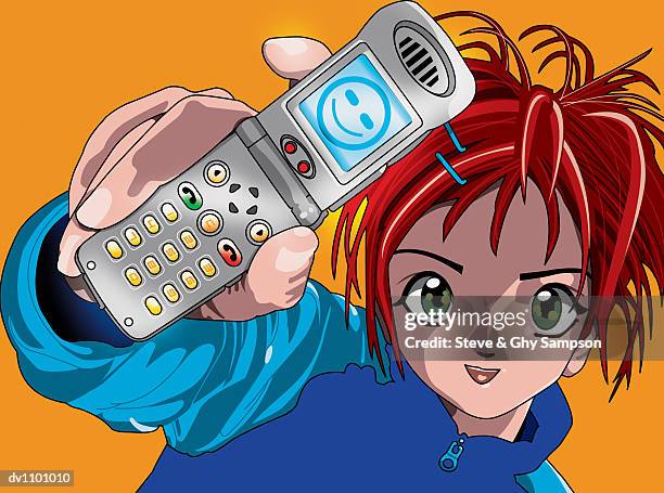 portrait of a female teenager showing a smiley face on her mobile phone - smiley face stock illustrations