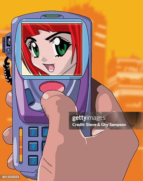 mobile phone displaying a young woman's face - manga style illustration stock illustrations
