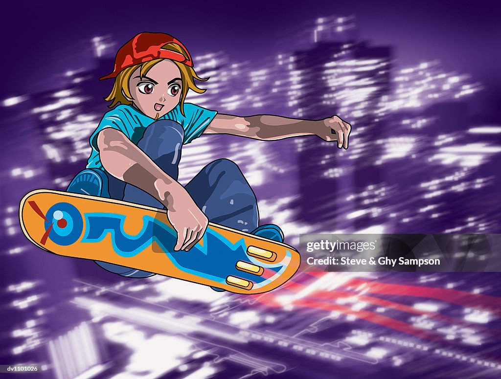 Young Man Flying on a Skateboard in Above a Futuristic City