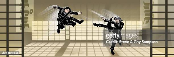 two men kung fu fighting in a japanese tea room - standing on one leg stock illustrations