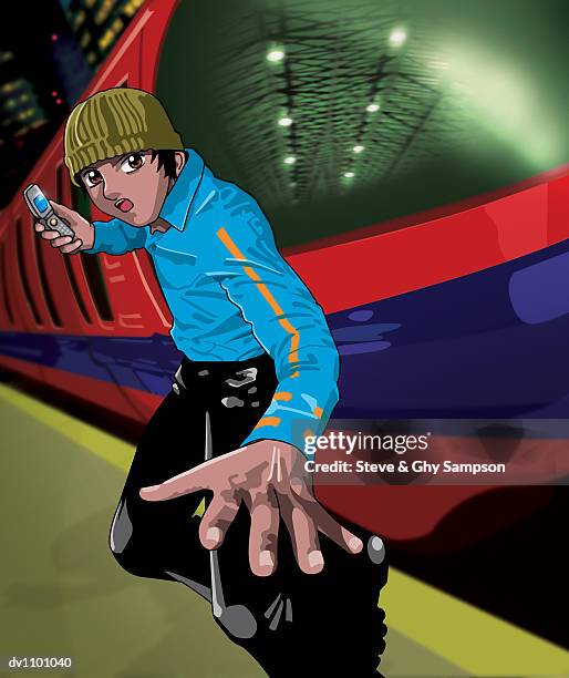 young man holding a mobile phone running from the edge of a subway platform as a train passes - futuristic train side view stock illustrations