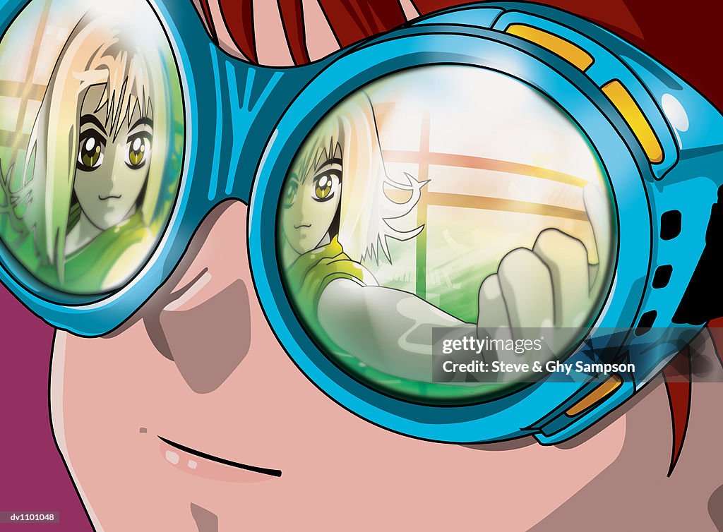 Young Man Wearing Goggles Reflecting a Beckoning Woman