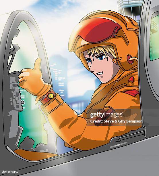 pilot giving the thumbs up signal in the cockpit of a jet fighter - signal stock-grafiken, -clipart, -cartoons und -symbole