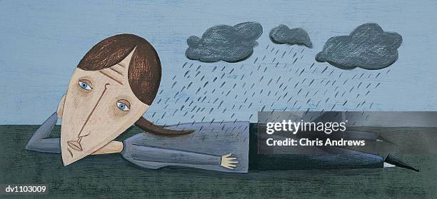 portrait of a woman with depression and clouds raining above her - blue eyes stock illustrations