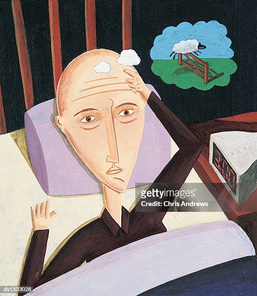 stockillustraties, clipart, cartoons en iconen met portrait of a man in bed counting sheep - zinloos