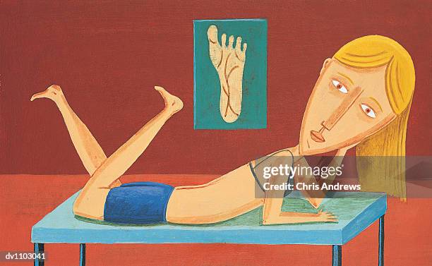 ilustraciones, imágenes clip art, dibujos animados e iconos de stock de portrait of a woman lying on a table barefoot in front of a chiropody poster - woman lying on stomach with feet up