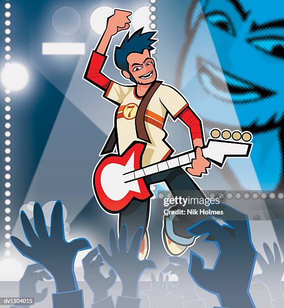 rock musician playing guitar on stage - excited computer stock illustrations
