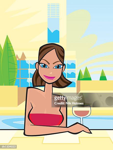 stockillustraties, clipart, cartoons en iconen met portrait of a young woman wearing a bikini top holding a glass of red wine - drinking water glass woman