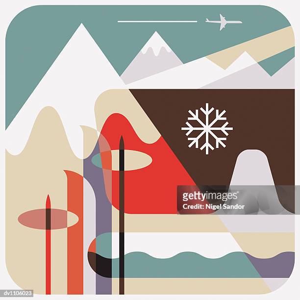 skis and mountain background - travel2 stock illustrations