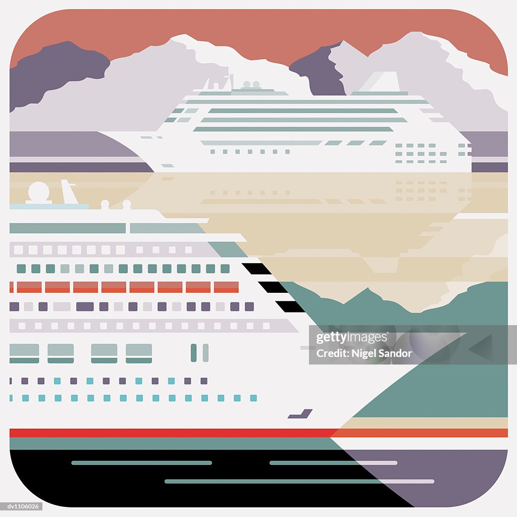 Cruise Liners in Front of An Snow Covered Mountains
