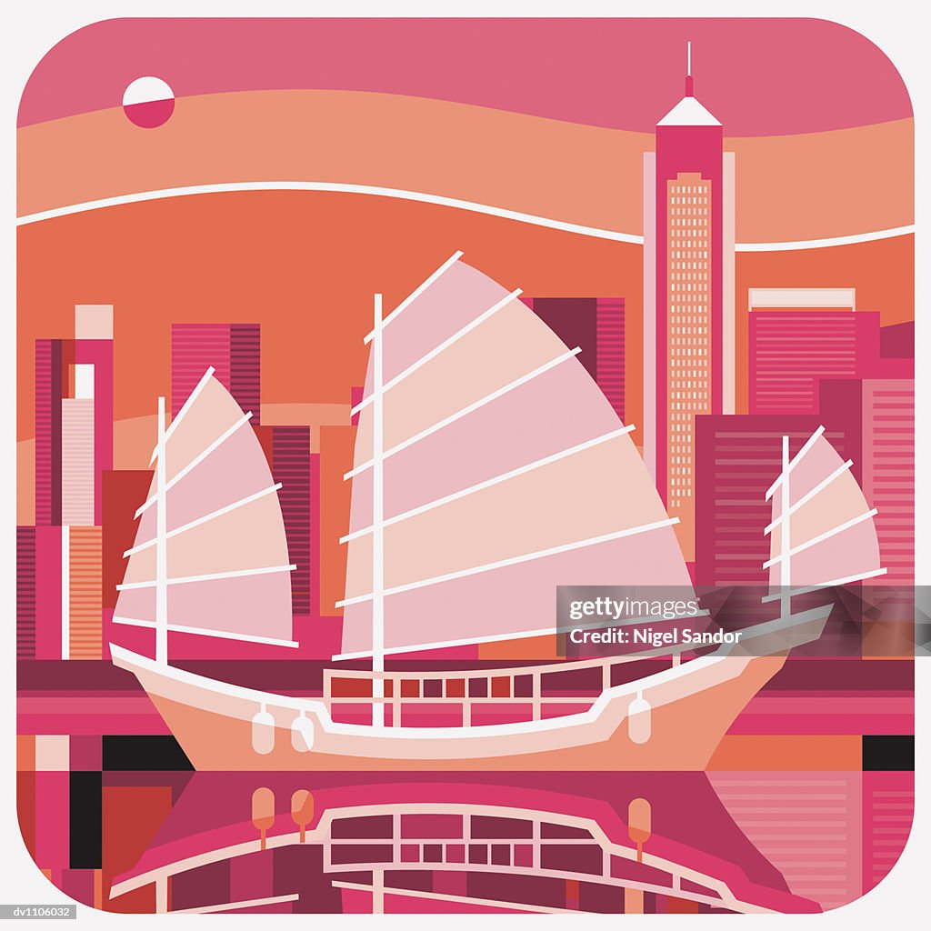 Junk Ship in Front of the Hong Kong Skyline