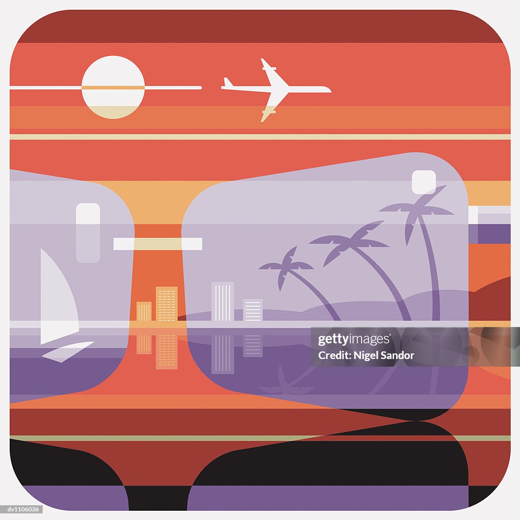 Yacht, Skyline and Palm Trees Seen Through Sunglasses