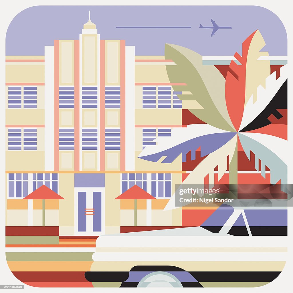 Building Exterior, Car on a City Street and an Aeroplane in Flight