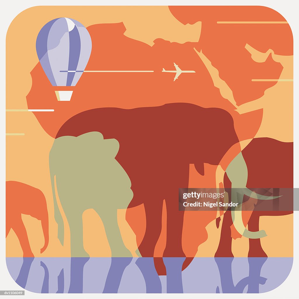 African National Map With Three Elephants and a Hot-Air Balloon