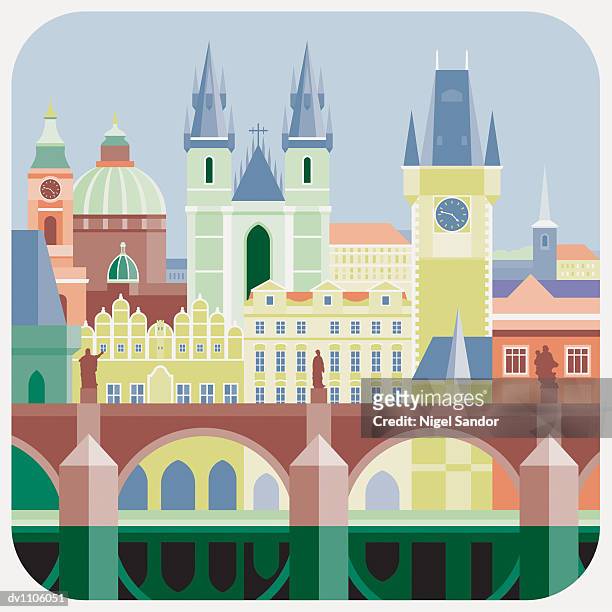stockillustraties, clipart, cartoons en iconen met prague skyline, czech republic - týnkerk