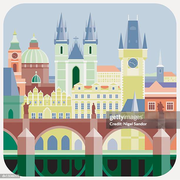 prague skyline, czech republic - charles bridge stock illustrations