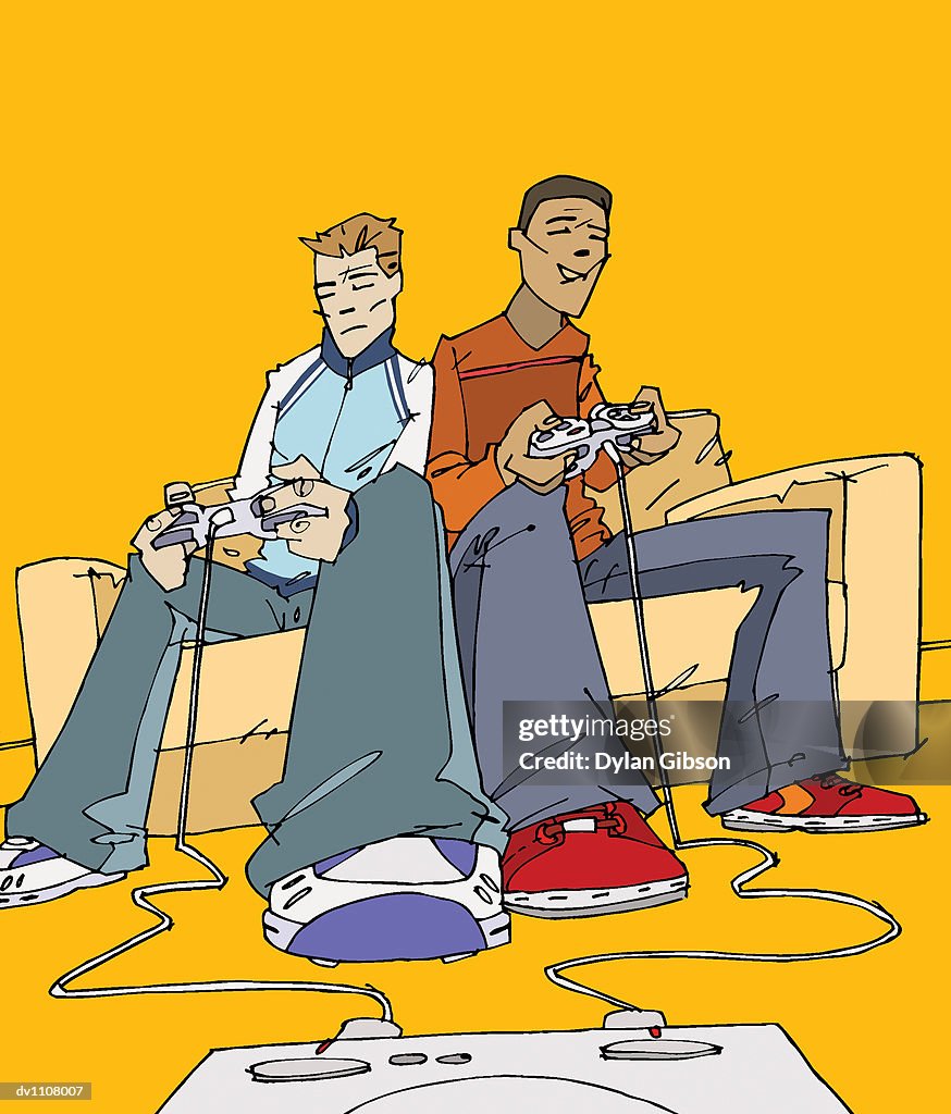 Two Teenage Men Sitting on a Sofa Playing a Computer Game