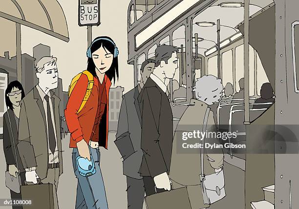 group of people at a bus stop and a young adult man listening to a personal stereo - isolated colour stock illustrations