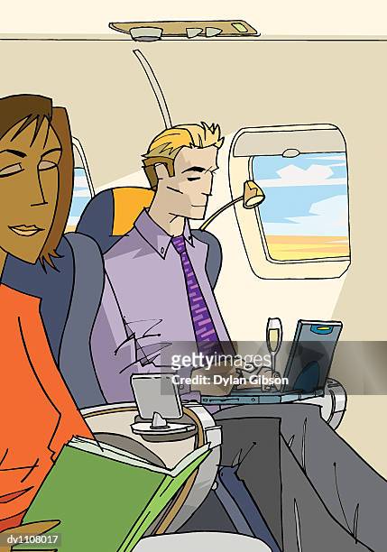 interior of an aeroplane with a businessman using a laptop and a woman reading a book - travel2 stock illustrations