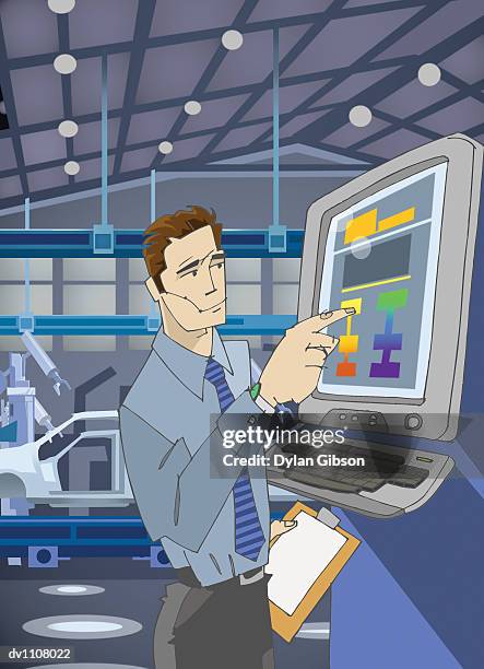 factory worker pushing a control panel in an automated factory for car manufacturing - car plant stock illustrations
