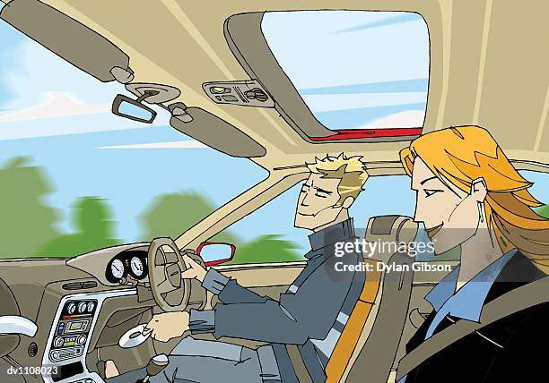 ilustraciones, imágenes clip art, dibujos animados e iconos de stock de man driving in his car and inserting an audio cd into his car stereo - equipo de música de coche