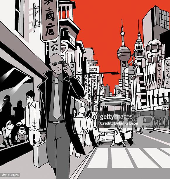 ilustrações, clipart, desenhos animados e ícones de man using a mobile phone on the pavement of a city road - cor isolada