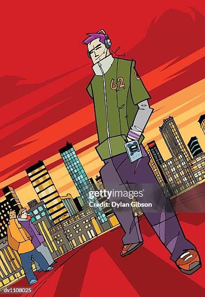 ilustrações, clipart, desenhos animados e ícones de portrait of a young man standing at dusk in the city listening to his personal stereo - vista inclinada