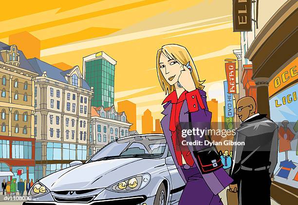 businesswoman using a mobile phone in the city - sideways glance stock illustrations stock illustrations