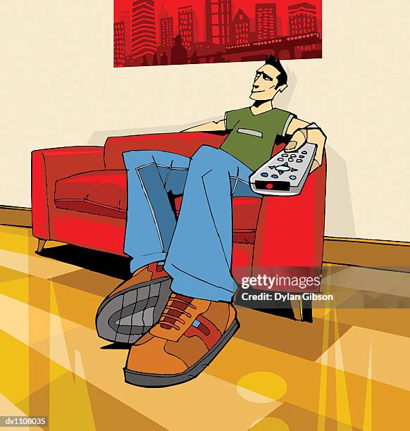 young man sitting on a sofa and using a remote control - man remote control stock illustrations
