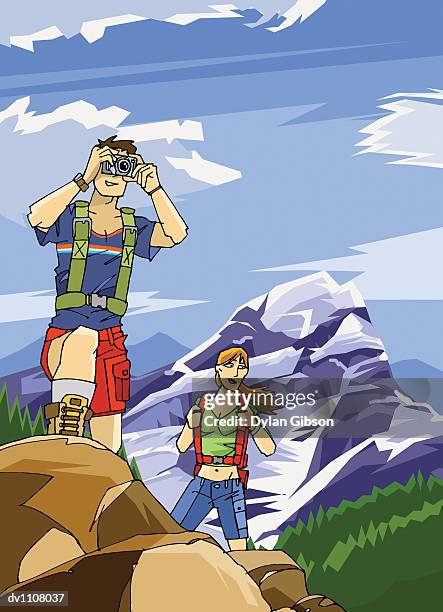 man standing in front of a woman taking a photo on a hiking holiday - travel2 stock illustrations