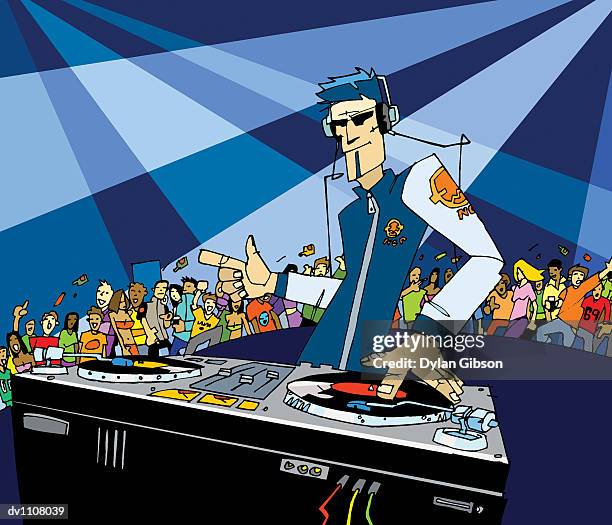 stockillustraties, clipart, cartoons en iconen met dj using turntables in a nightclub in front of a large group of people - lyte honors remy ma wale during 5th year anniversary celebration of hip hop sisters foundation