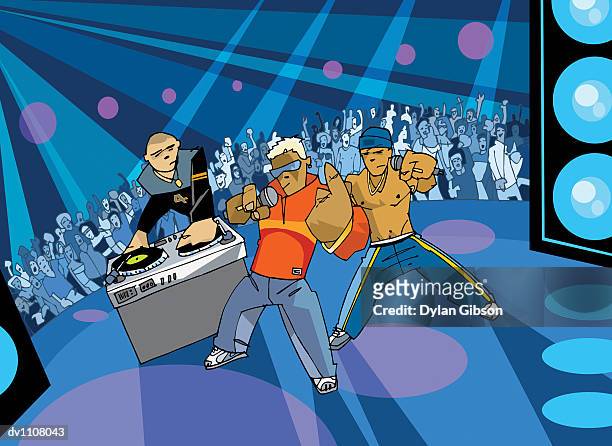 stockillustraties, clipart, cartoons en iconen met dj and rappers performing on stage in front of a large group of people in a nightclub - lyte honors remy ma wale during 5th year anniversary celebration of hip hop sisters foundation
