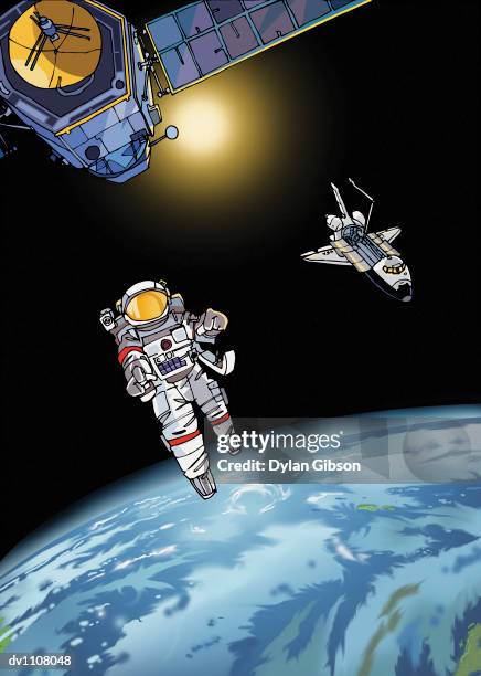 illustrazioni stock, clip art, cartoni animati e icone di tendenza di astronaut floating from the space shuttle to a satellite above the earth - space shuttle