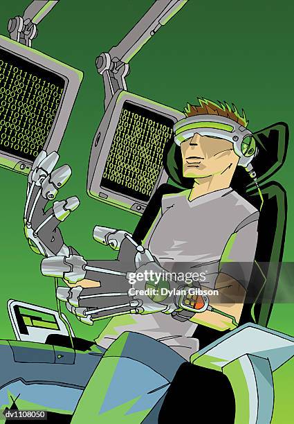 stockillustraties, clipart, cartoons en iconen met man sitting in a chair wearing a virtual reality visor and gloves - the reality of fashion the reality of aids benefit fall 2013 mercedes benz fashion week