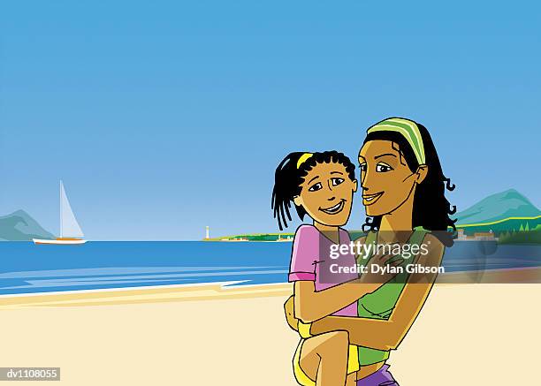 portrait of a mother holding her daughter on a beach - urban mother and daughter stock illustrations